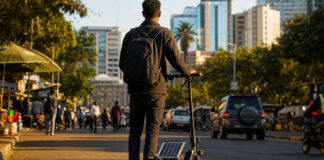 Gründer von hinten neben einem Elektro-Scooter mit Solarpanel in Nairobi