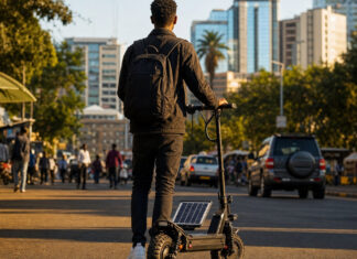 Afrika – der Rising Star am Startup-Himmel? Gründer von hinten neben einem Elektro-Scooter mit Solarpanel in Nairobi