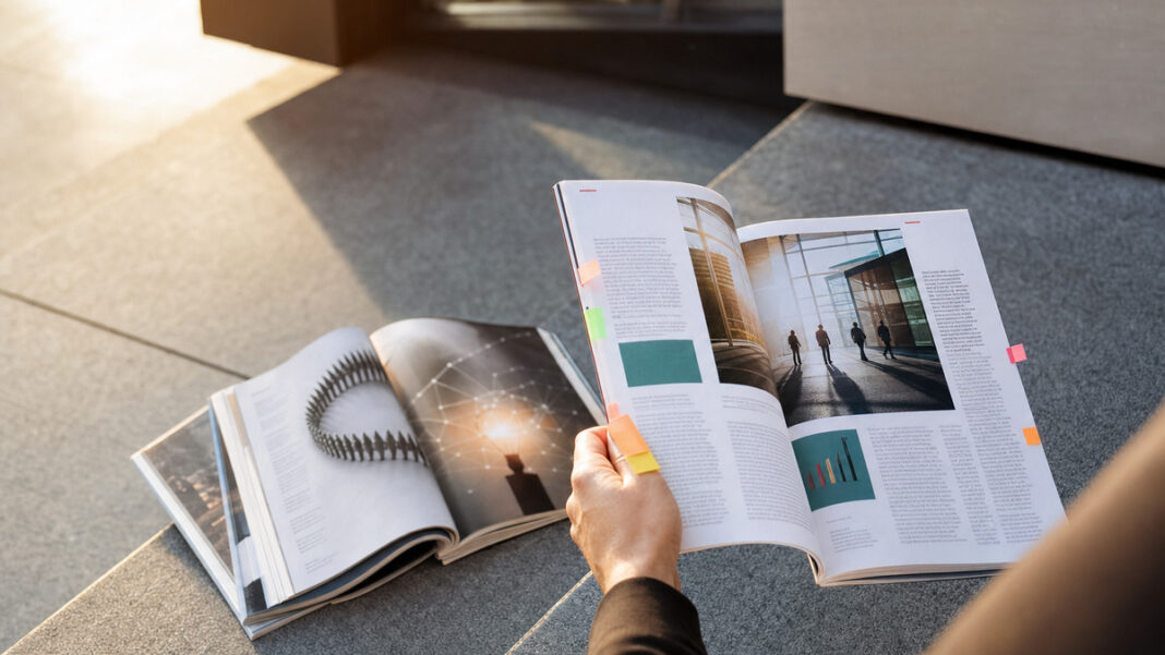 Auf einer Treppenstufe liegen mehrere Magazine, eine Hand hält ein weiteres Heft im Sonnenlicht.