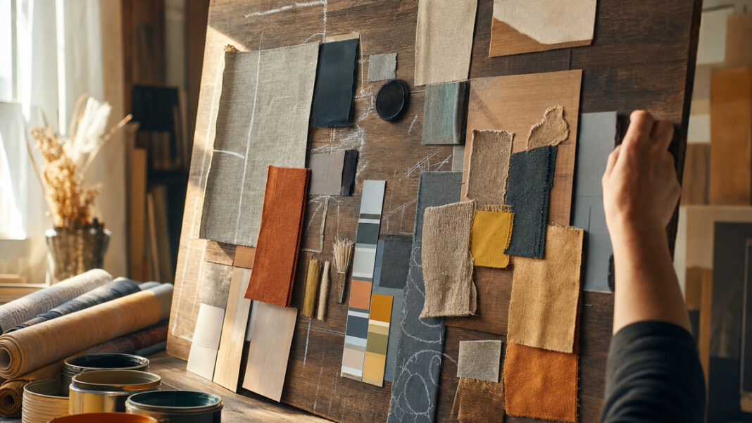 99 Days of Design Werkstatt Rückansicht in einer Designwerkstatt mit Holz-Leinwand, Stoffproben und Farbdosen im Tageslicht
