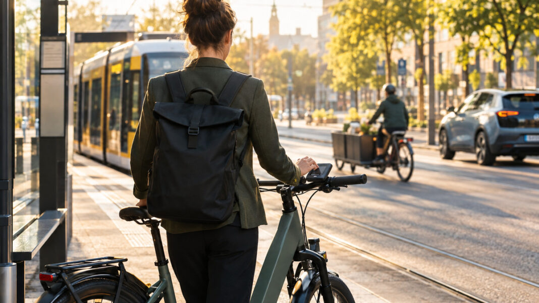 Mobilitätsbudget im Firmenalltag Gründerin an der Haltestelle mit E‑Bike, Lastenrad und E‑Auto im Morgenlicht