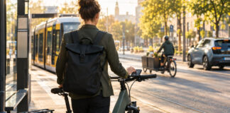Gründerin an der Haltestelle mit E‑Bike, Lastenrad und E‑Auto im Morgenlicht