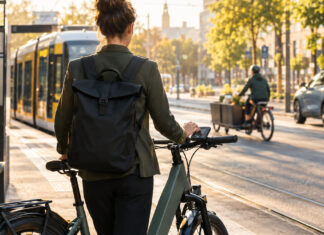 Gründerin an der Haltestelle mit E‑Bike, Lastenrad und E‑Auto im Morgenlicht