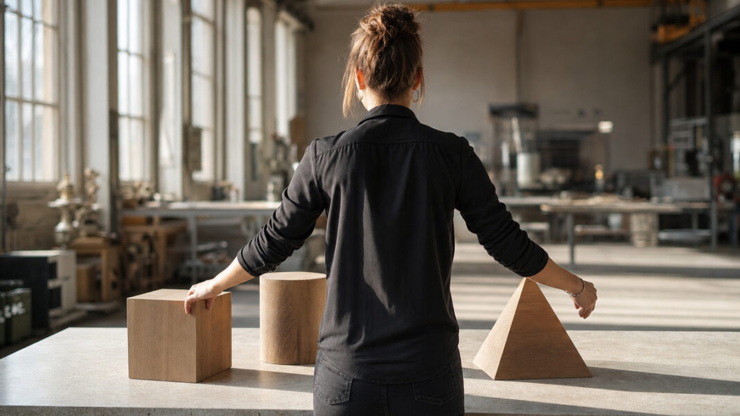 Gründerin von hinten ordnet drei Holzmodelle auf einem Steintisch in heller Werkhalle.