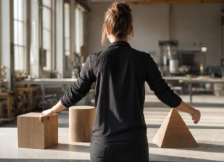Gründerin von hinten ordnet drei Holzmodelle auf einem Steintisch in heller Werkhalle.