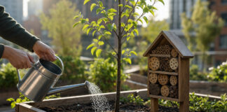 Hände gießen einen jungen Baum neben einem Insektenhotel im Urban-Gardening-Beet.