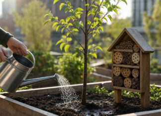Hände gießen einen jungen Baum neben einem Insektenhotel im Urban-Gardening-Beet.