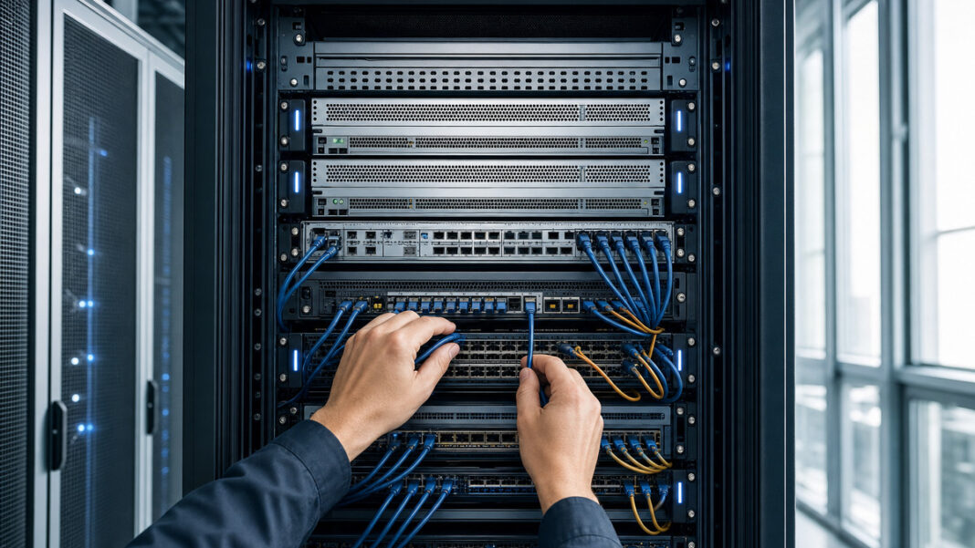 KI-Initiative im Rechenzentrum Serverrack im Rechenzentrum, eine Person steckt Kabel ein, helles Tageslicht