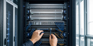 Serverrack im Rechenzentrum, eine Person steckt Kabel ein, helles Tageslicht
