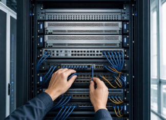 Serverrack im Rechenzentrum, eine Person steckt Kabel ein, helles Tageslicht