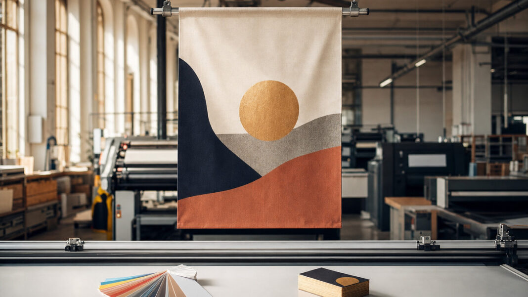 Corporate Identity in der Druckerei Frisch bedrucktes Banner, Farbfächer und Visitenkarten in einer Druckerei bei natürlichem Licht
