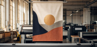 Frisch bedrucktes Banner, Farbfächer und Visitenkarten in einer Druckerei bei natürlichem Licht