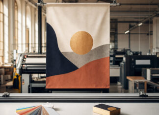 Frisch bedrucktes Banner, Farbfächer und Visitenkarten in einer Druckerei bei natürlichem Licht