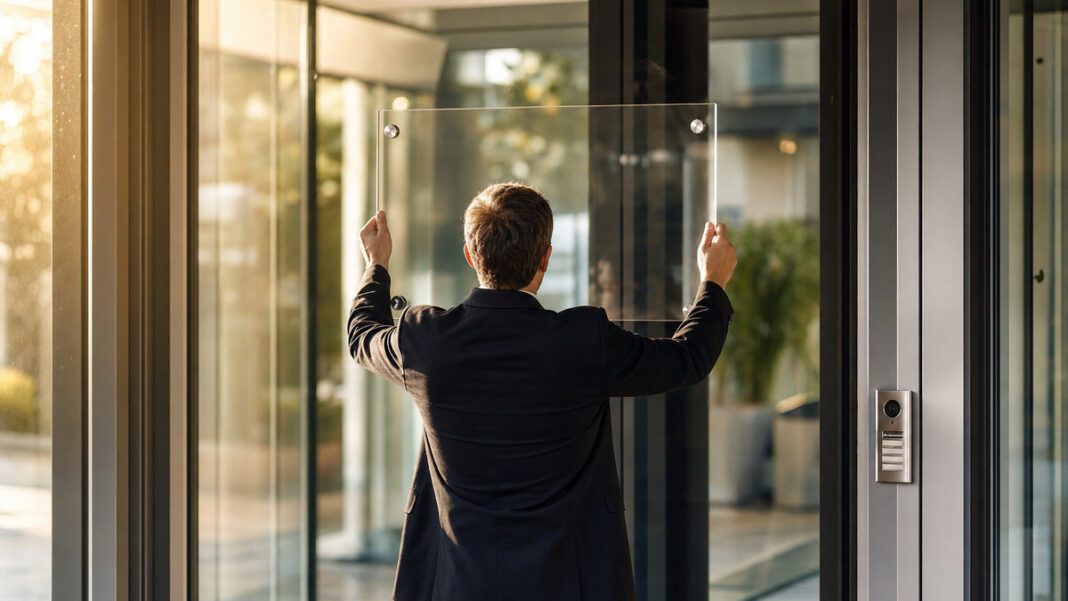 Person von hinten hängt ein transparentes Schild im Eingangsbereich eines Unternehmens auf