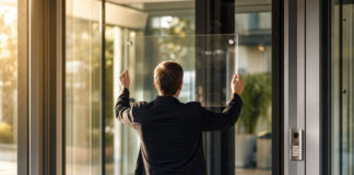 Person von hinten hängt ein transparentes Schild im Eingangsbereich eines Unternehmens auf