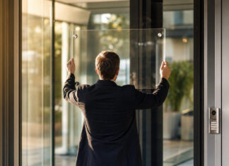 Person von hinten hängt ein transparentes Schild im Eingangsbereich eines Unternehmens auf