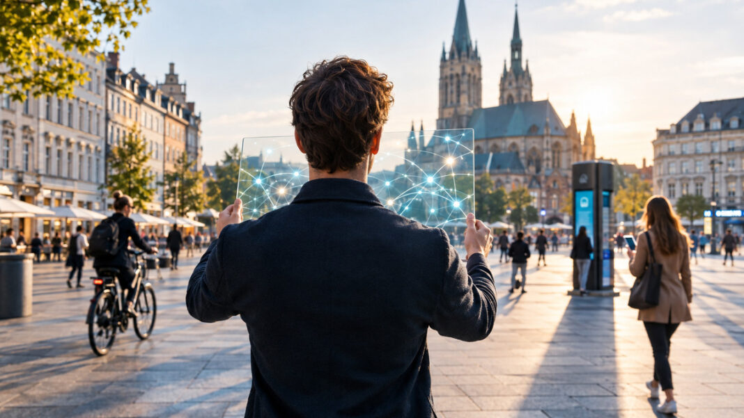 Digitalisierung in Europa Gründer hält eine Glas-Scheibe mit digitalen Verbindungslinien auf einem europäischen Stadtplatz