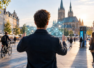 Gründer hält eine Glas-Scheibe mit digitalen Verbindungslinien auf einem europäischen Stadtplatz