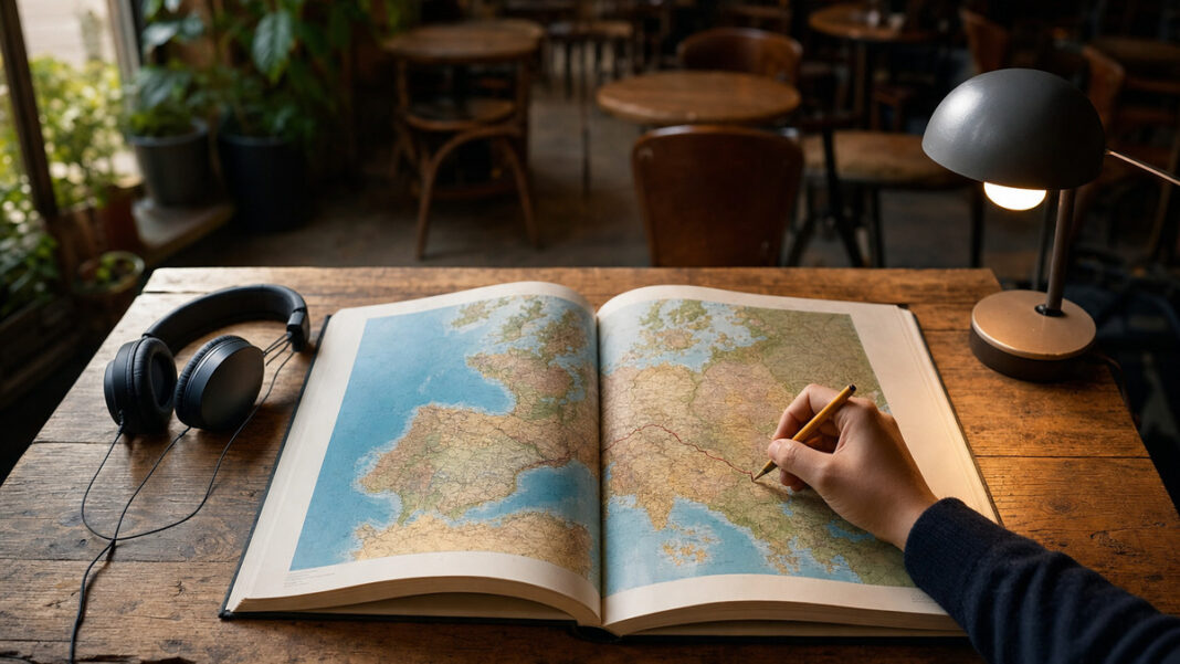 Fremdsprachen lernen Offener Atlas auf Holztisch, daneben Kopfhörer und eine Hand mit Bleistift im warmen Fensterlicht.