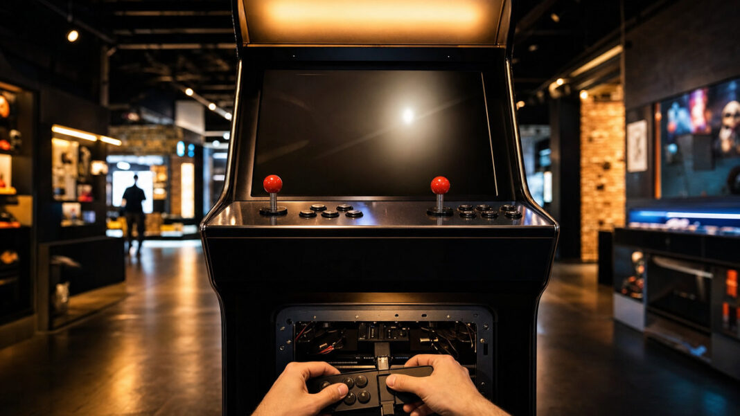 Arcade-Automat im Gaming-Showroom, zwei Hände stecken einen Controller an