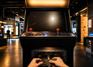 Arcade-Automat im Gaming-Showroom, zwei Hände stecken einen Controller an
