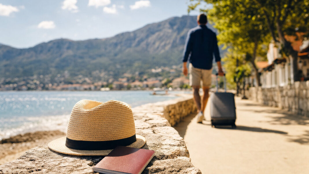 Arbeiten aus der Ferne Person mit Rollkoffer an der Strandpromenade bei sonnigem Licht, Reisepass und Sonnenhut im Vordergrund.