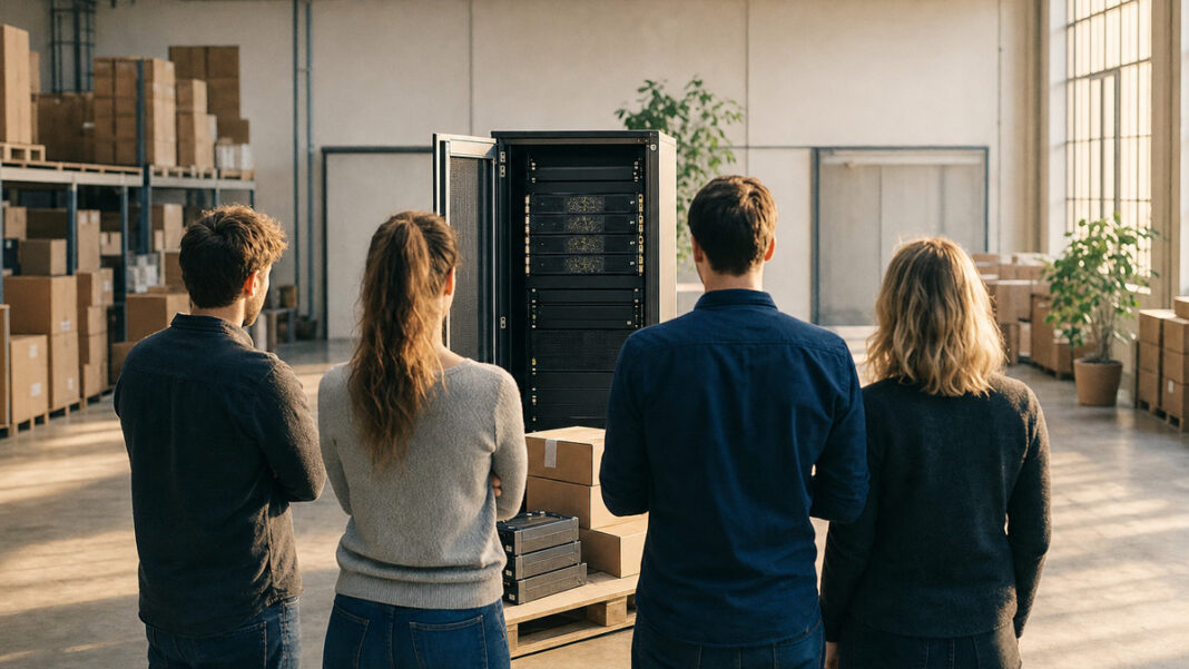 Gründerteam von hinten vor geöffnetem Server-Schrank mit Lizenz-Tokens in heller Lagerhalle