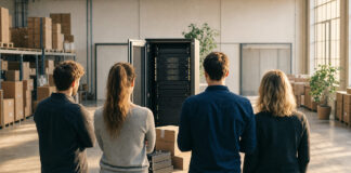 Gründerteam von hinten vor geöffnetem Server-Schrank mit Lizenz-Tokens in heller Lagerhalle