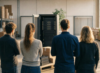 Gründerteam von hinten vor geöffnetem Server-Schrank mit Lizenz-Tokens in heller Lagerhalle