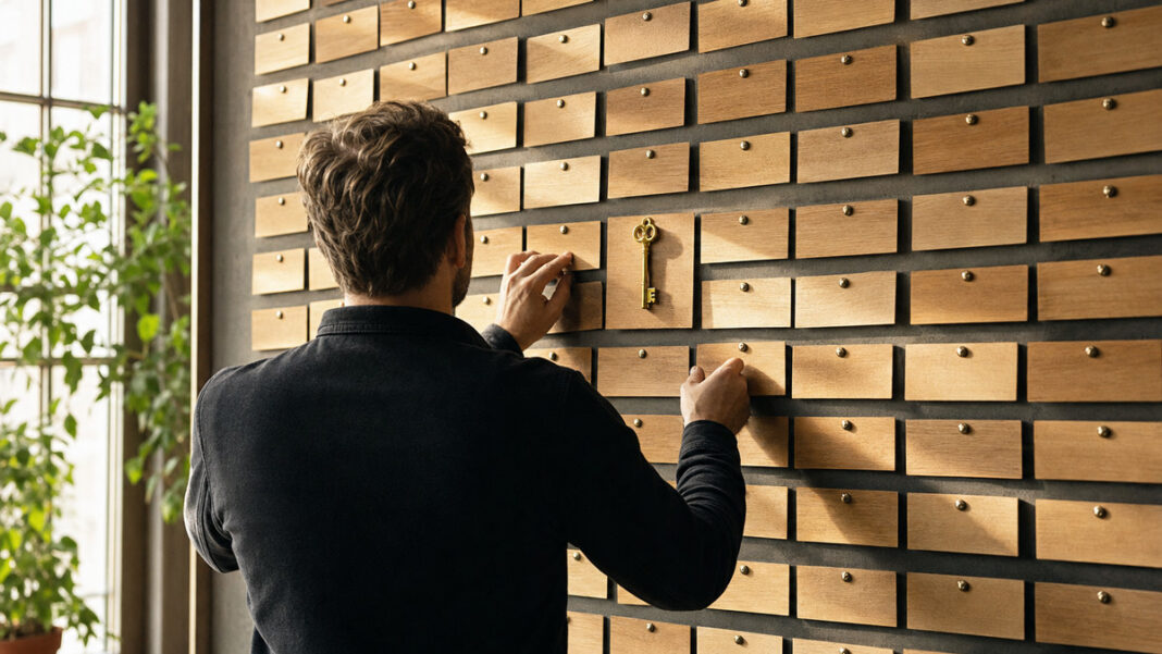 Keyword-Tools - Schlüssel zum Thema Von hinten sortiert eine Person hölzerne Schlagwort-Kärtchen; in der Mitte liegt ein goldener Schlüssel im Licht.