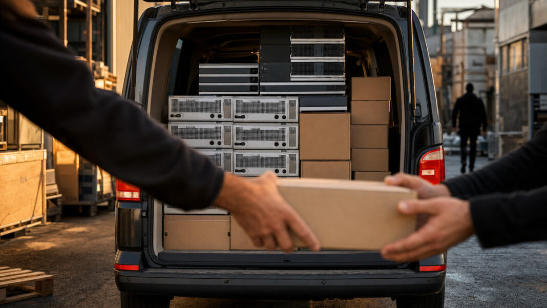 Elektro-Van mit gebrauchten, aufbereiteten Geräten und Versandkisten im warmen Licht