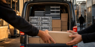 Elektro-Van mit gebrauchten, aufbereiteten Geräten und Versandkisten im warmen Licht