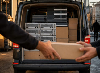 Elektro-Van mit gebrauchten, aufbereiteten Geräten und Versandkisten im warmen Licht