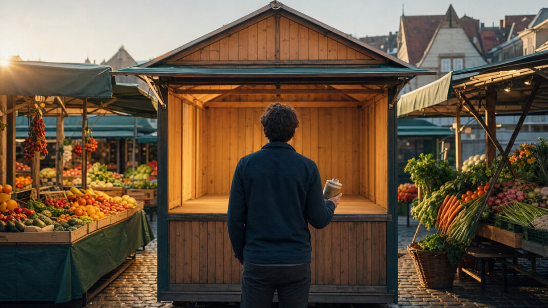 Wochenmarkt mit freier Lücke zwischen Ständen und einer Person, die ein Produkt betrachtet