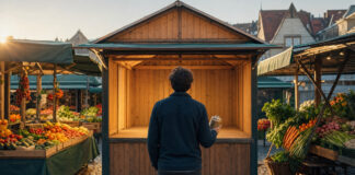 Wochenmarkt mit freier Lücke zwischen Ständen und einer Person, die ein Produkt betrachtet