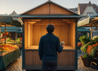 Wochenmarkt mit freier Lücke zwischen Ständen und einer Person, die ein Produkt betrachtet