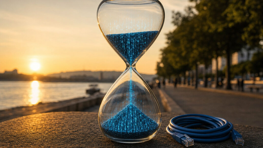 Internetzeit Sanduhr Sanduhr mit blauen Datenströmen und Netzwerkkabel in natürlichem Licht