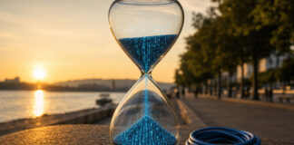Sanduhr mit blauen Datenströmen und Netzwerkkabel in natürlichem Licht