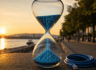 Sanduhr mit blauen Datenströmen und Netzwerkkabel in natürlichem Licht