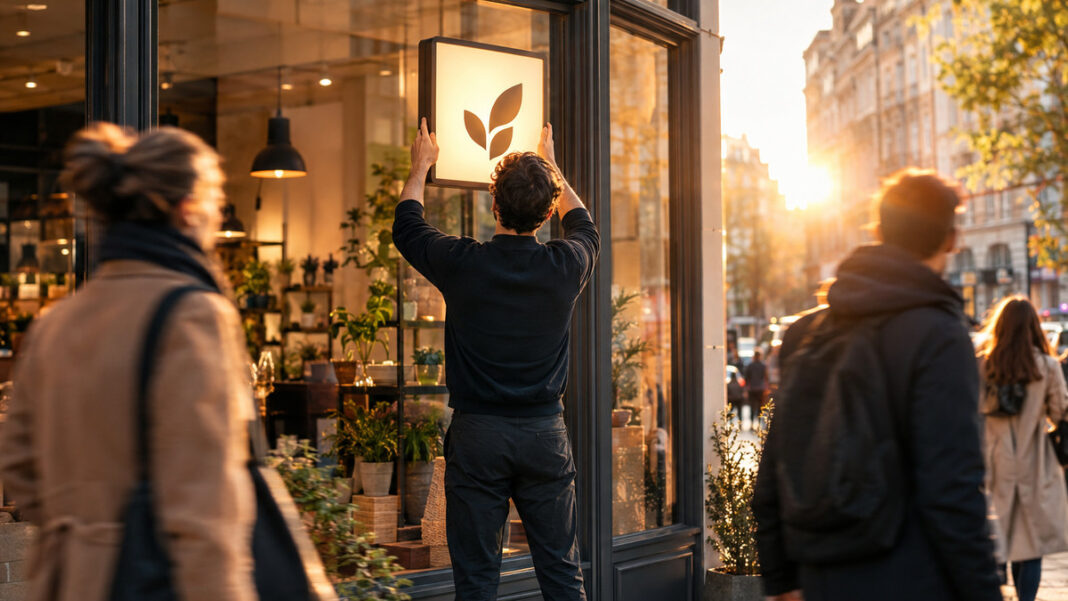Gezielte Werbung am Laden Hände befestigen eine Werbetafel an der Glasfront eines Ladens bei Abendlicht