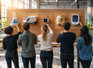 Gründerteam vor fünf Startup-Prototypen in heller Industriehalle