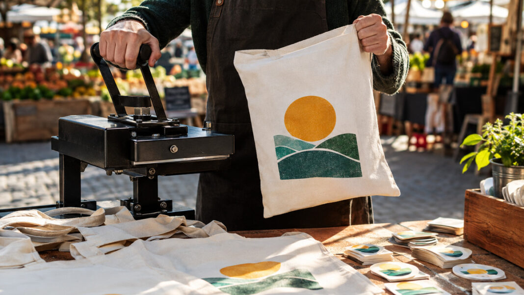 Gründer mit bedruckten Stoffbeuteln an einer mobilen Presse auf dem Wochenmarkt