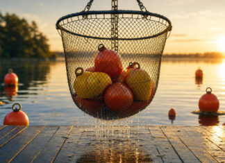 Die Top 5 Lead-Management-Tools im Vergleich Kescher hebt markierte Bojen aus dem Wasser am Seeufer im Morgenlicht