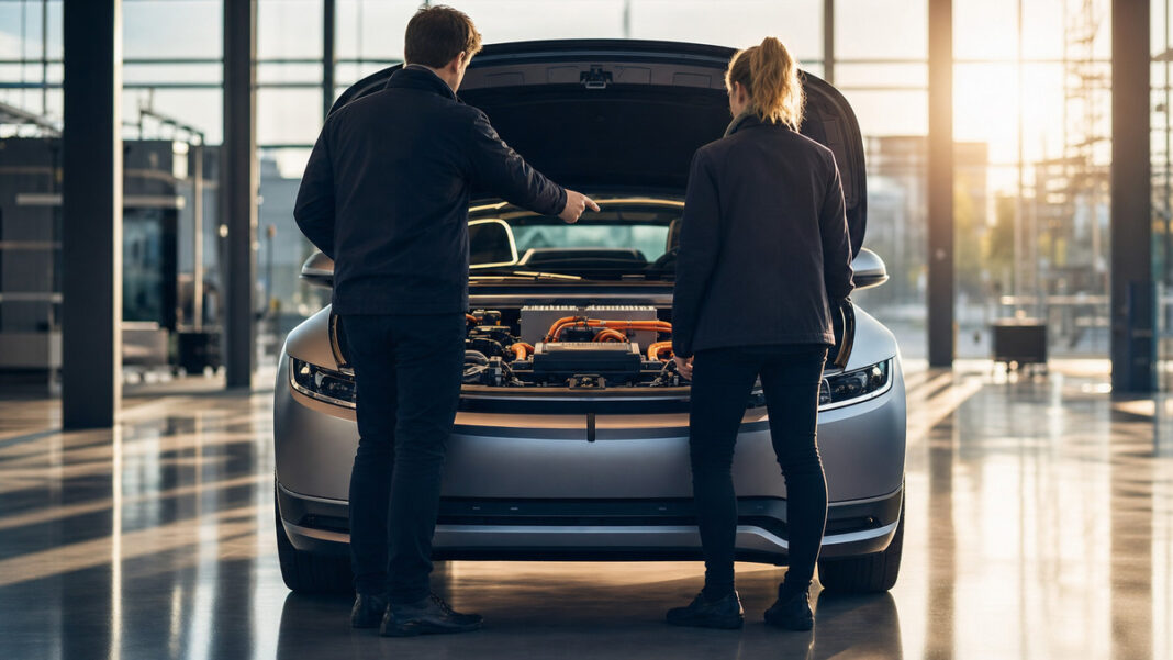 CARIAD Kooperation Fahrzeughalle Elektroprototyp in einer Fahrzeughalle, zwei Personen von hinten neben offener Motorhaube