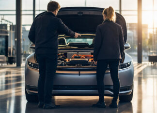 Elektroprototyp in einer Fahrzeughalle, zwei Personen von hinten neben offener Motorhaube