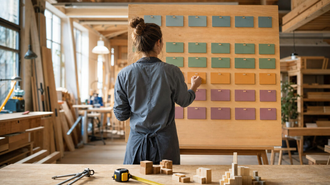 Gründerin ordnet Bausteine an einem Business-Plan-Board in heller Werkstatt