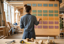 Gründerin ordnet Bausteine an einem Business-Plan-Board in heller Werkstatt