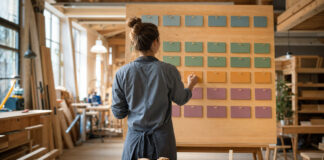 Gründerin ordnet Bausteine an einem Business-Plan-Board in heller Werkstatt