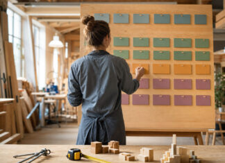 Gründerin ordnet Bausteine an einem Business-Plan-Board in heller Werkstatt