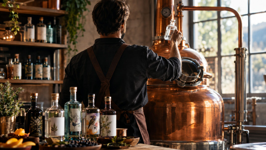 Gin-Start-up in der Destillerie Gründer in einer Gin-Destillerie hebt ein Glas am Brennkessel, daneben stehen Ginflaschen im Licht